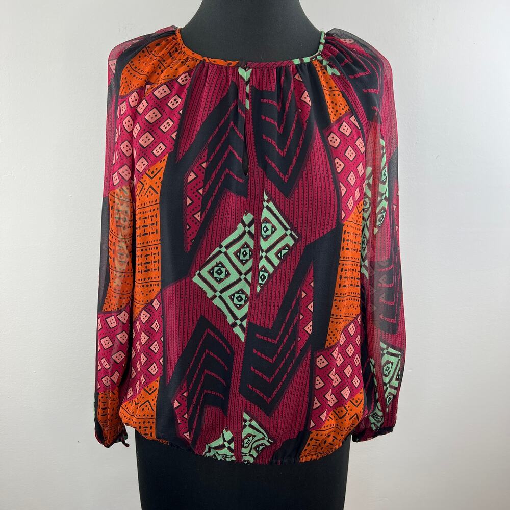 Diane von Furstenberg DVF Multicolor Bishop Sleeve Hathaway Collate Print Top P